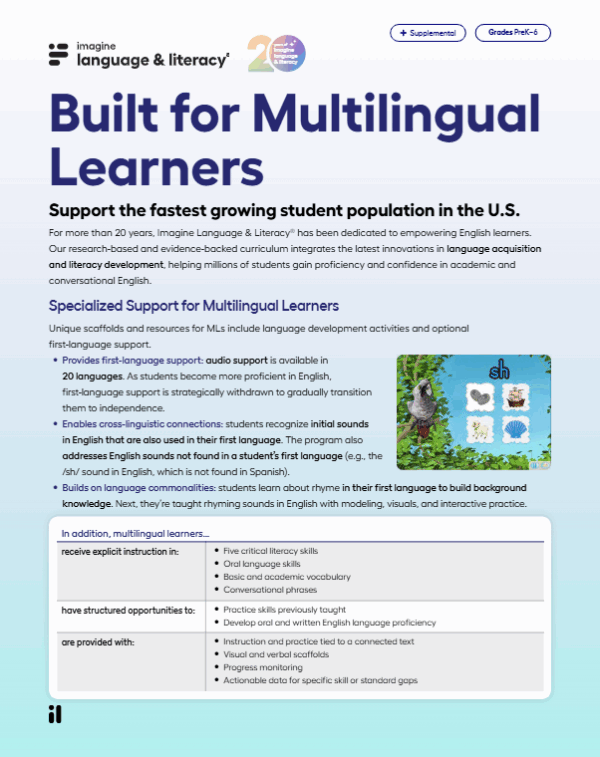 Imagine Language & Literacy Multilingual Learners Product Feature Benefit Flyer