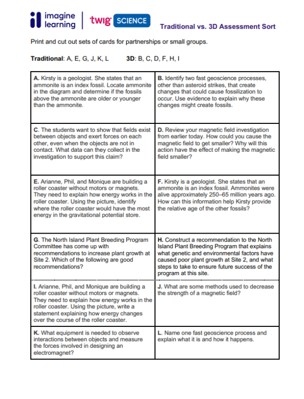 3GD- TW Assessment in Twig Science Middle School Traditional vs. 3-D Assessment Card Sort
